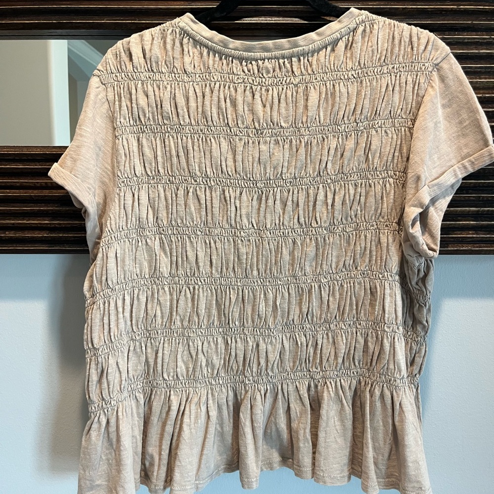 Anthropologie Beige Taupe Short Sleeve Smocked Peplum Top - Picture 6 of 6